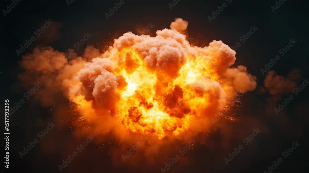 Fiery explosion with bright orange flames and thick smoke cloud dark background, dramatic energy burst, intense heat and chaos, destructive force, powerful impact, dynamic motion, destruction