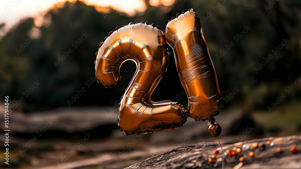 Fototapeta premium Gold Number 21 Balloon Floating In Nature At Sunset