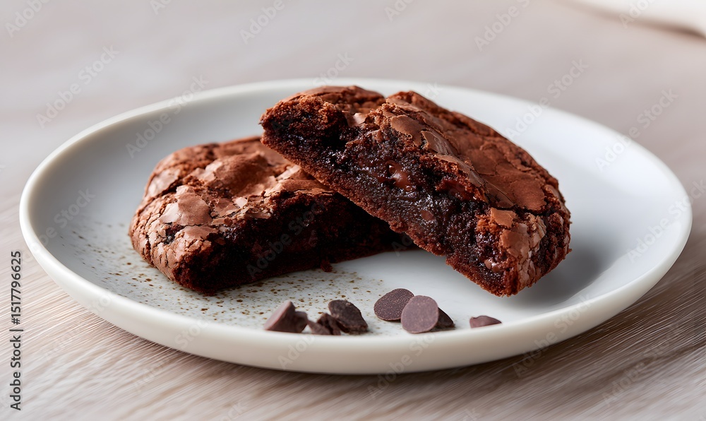 chocolate brownie cookie broken in half to reveal the soft chocolatey interior, beautifully arranged on a matt white plate, Generative AI chocolate brownie cookie broken in half to reveal the soft chocolatey interior, beautifully arranged on a matt white plate, Generative AI