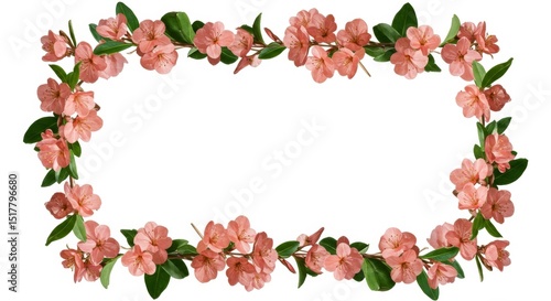 Delicate floral frame of peach blossoms and verdant foliage on a white background