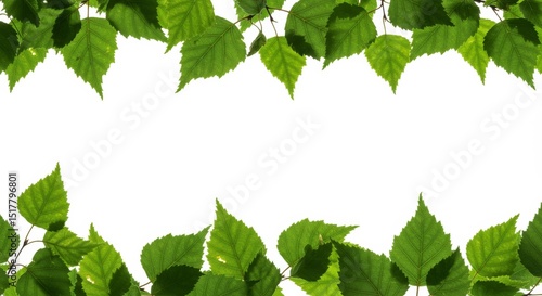 Fresh birch leaves frame, bright green foliage with copy space in the center