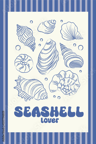 Marine poster, seashell postcard with seashells and seashell lover inscription. Vector printable doodle template, hand drawn, pencil texture