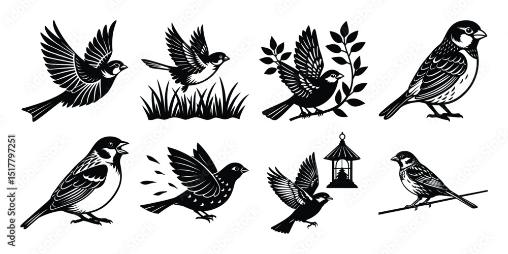 Obraz premium Songbird Silhouette Clipart Bundle – Flying & Perching Birds for Cricut and Print Designs