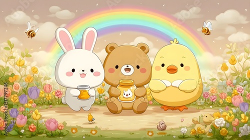 Sweet kawaii animal group featuring big-eared bunny, colorful songbird and honey-jar holding bear. Children's illustration concept