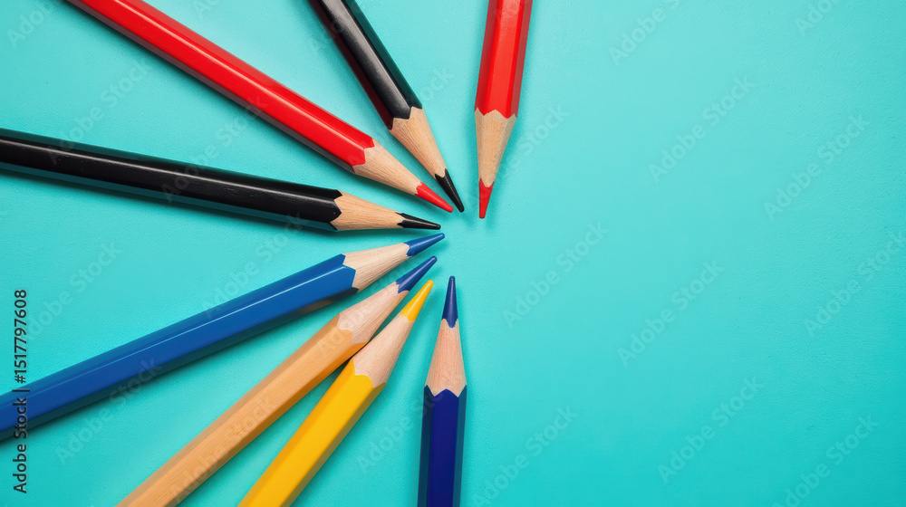 Naklejka premium Colorful pencils arranged in circular pattern on turquoise background create vibrant and artistic display