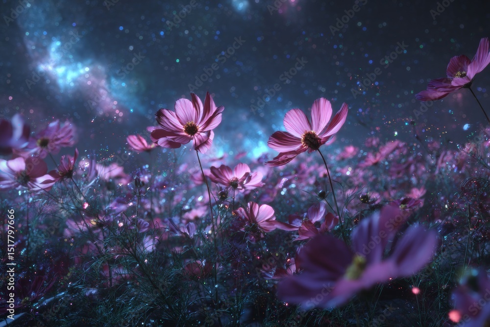 Cosmos Flowers Field at Night Under Starry Sky Cosmos Flowers Field at Night Under Starry Sky