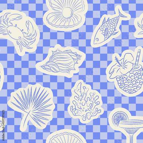 Marine seamless pattern in blue and white color. Ornament with pen drawn doodles of beach elements. Vector minimalistic fabric swatch