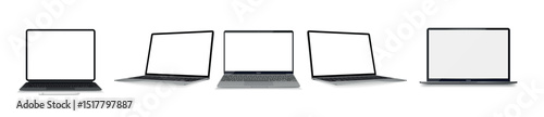 Realistic laptop mockup with blank screen isolated on white background, perspective laptop mock up different angles views