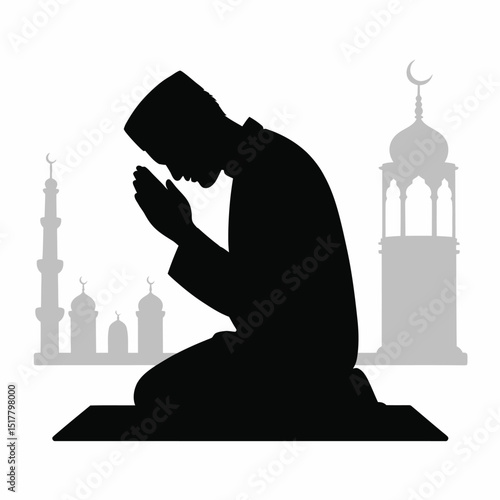 Silhouette of a muslim man in prayer kneeling on a prayer mat with mosque silhouettes in the background depicting faith and spirituality