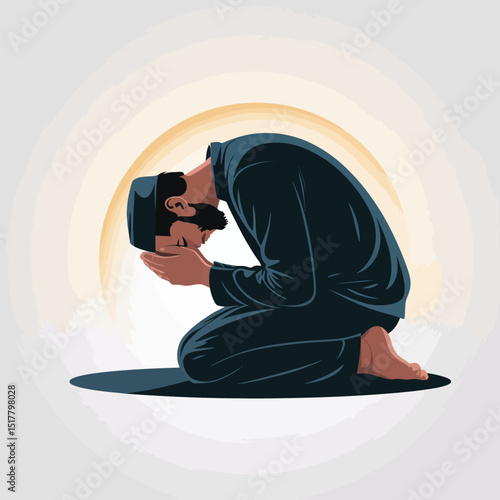 Illustration of a muslim man in prayer with hands raised and head bowed in submission depicting religious devotion and humility