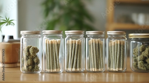 Glass jars containing neatly packed pre-rolled cannabis joints