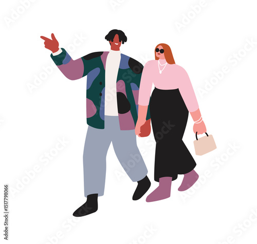 Couple walking and talking. Romantic fashion young man and woman, holding han...