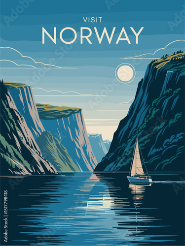 Retro Norway travel poster featuring mountains, fjord, and sailboat. Vintage landscape vector ideal for tourism, wall art, and Scandinavian nature-themed design projects