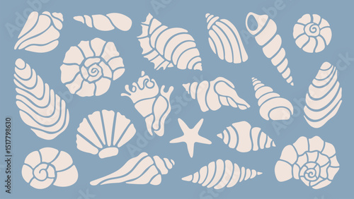 Set of hand drawn shells. Seashells in linocut style, nautical elements for summer design. Vector retro shapes