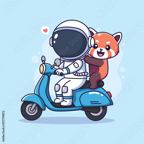 Cute astronout and red panda on a vespa. Vector illustration.