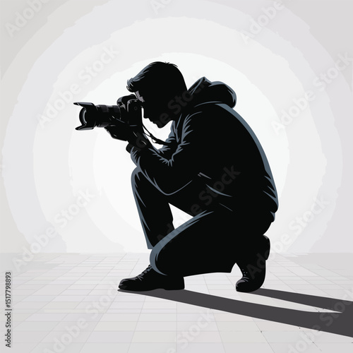 Silhouette of a photographer kneeling and taking a photograph depicting a professional capturing a moment with a digital camera for creative visuals