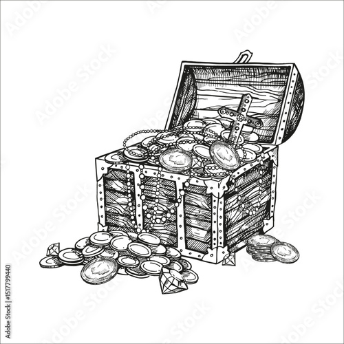 hand drawn vector textured wooden full treasure chest with lid open, coins, gold, jewels, pirate loot, black and white sketch, adventure, history monochrome illustration for party decoration