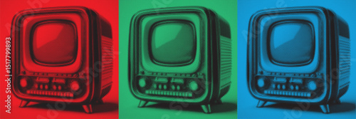 Modern retro TV halftone collage element with retro dotted texture. Halftone retro tv paper collage sticker