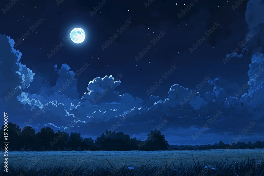 Fototapeta premium Night Landscape with Bright Moon and Starry Sky