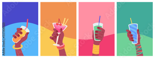 Set of summer design posters. Beach party, hands holding glasses with soft drinks, fruit cocktails. Vector printable templates for text