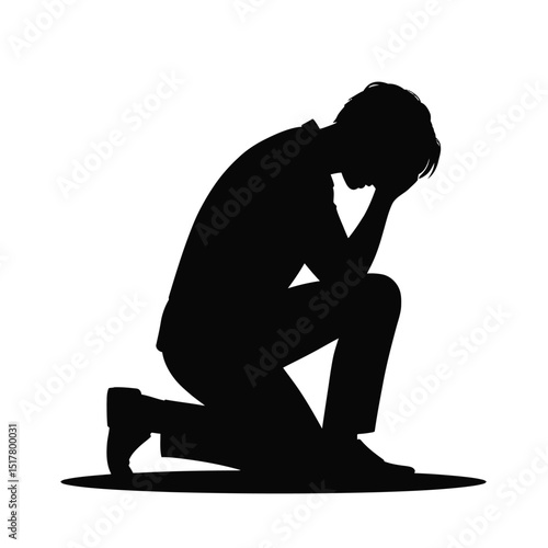 Silhouette illustration of a depressed man kneeling with hands on his face depicting emotional stress and mental health struggles on white background