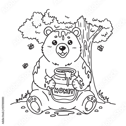 Coloring book for children: bear with a jar of honey.