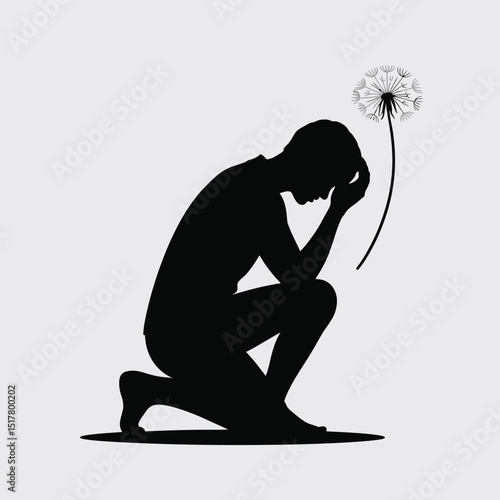 A silhouette of a person in distress contemplating a dandelion seed head symbolizing fragility and hope on a white background
