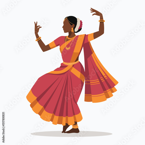 Vector illustration of a graceful indian dancer performing traditional classical dance in beautiful sari against a white background