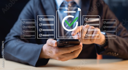 Принти на полотні Regulatory and compliance concepts, corporate governance documents, and the use of smartphones and digital files by businesswomen, with a checkbox list displayed on a virtual screen