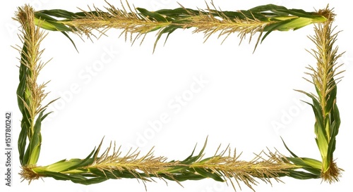 Elegant frame made of corn stalks and green leaves on a white background