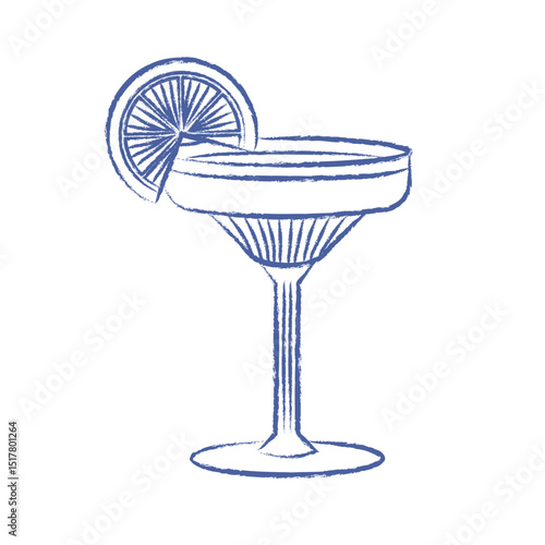 Summer alcoholic cocktail. Aperol with elegant glass glass with lemon slice. Vector pen drawn element