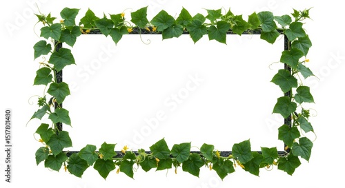 Fresh green cucumber vines frame on a white background, botanical illustration