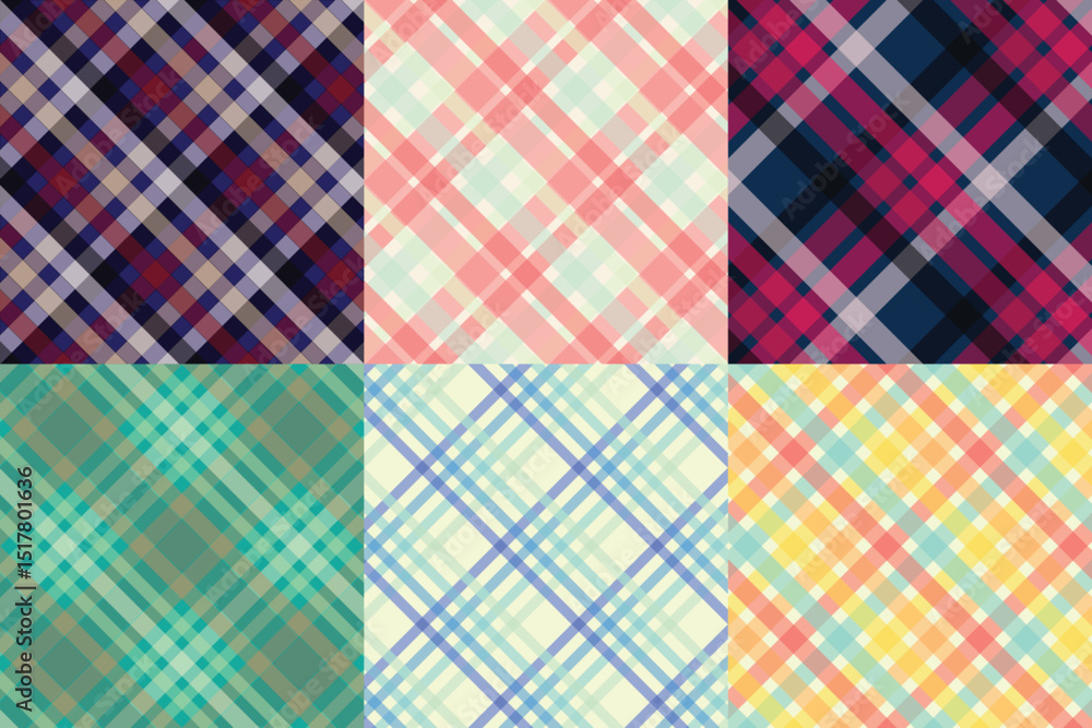 Multicolor Gingham and Plaid Fabric Pattern Collection – Seamless Textile Design Set with Classic Checkered Styles for Fashion, Crafts, and Digital Projects Multicolor Gingham and Plaid Fabric Pattern Collection – Seamless Textile Design Set with Classic Checkered Styles for Fashion, Crafts, and Digital Projects