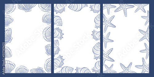 Shells Frames Set. Seashells for party invitations, event decorations. Vector templates for text