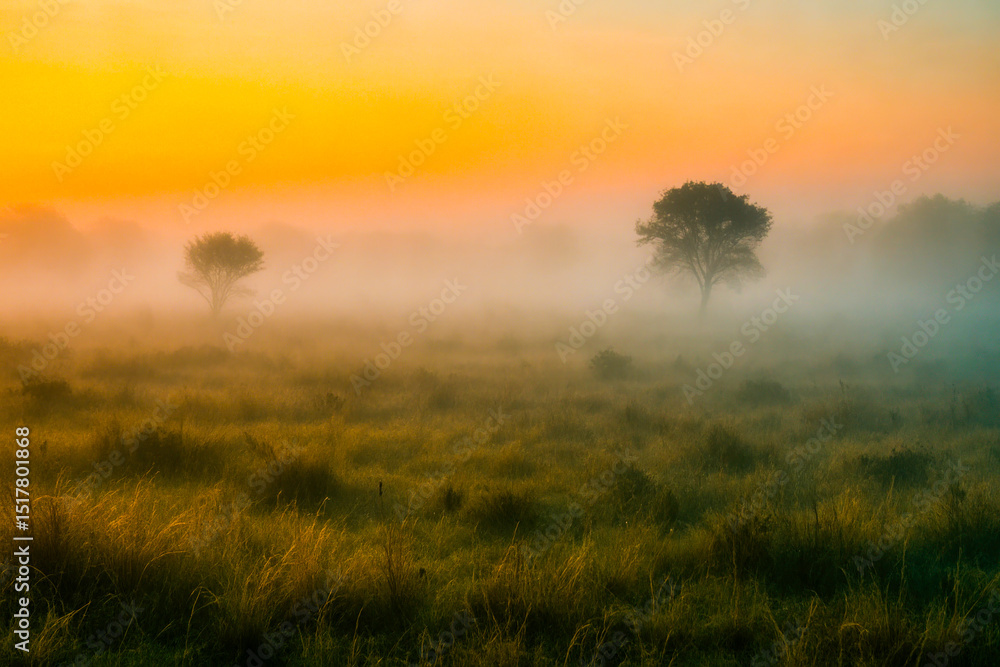 Fototapeta premium Trees peeking through dense fog in a tranquil field.