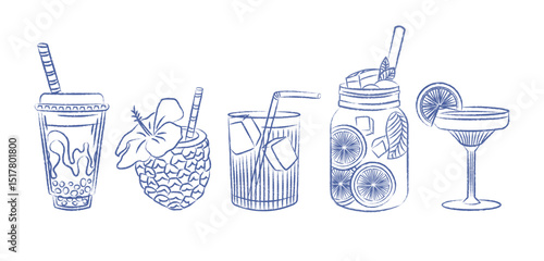 Summer Cocktails Set. Bubble tee, lemonade, aperol with fruit pieces and ice cubes. Vector pen drawn elements