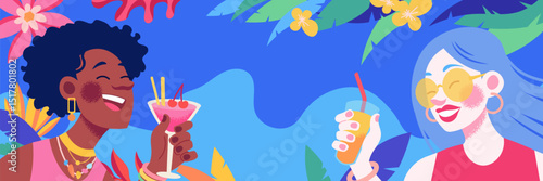 Summer Party Banner. Happy girls on bright tropical background. Template for text, party invitation, summer sale