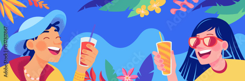Summer Party Banner. Happy people on bright tropical background. Template for text, party invitation, summer sale
