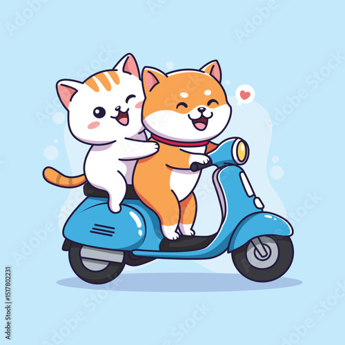 Cute cat and shiba inu on a vespa. Vector illustration.