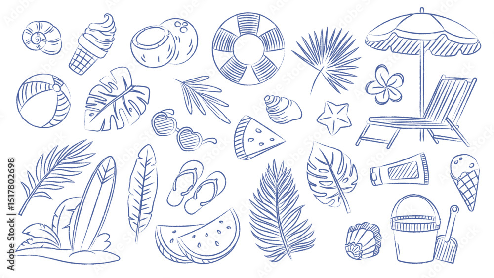 Fototapeta premium Summer vintage set. Pen drawn elements for summer design. Vector contours