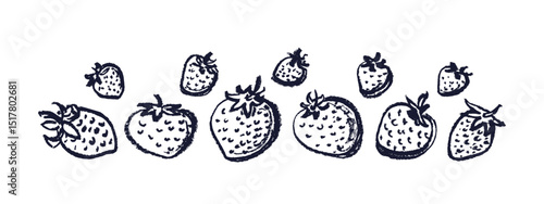 Hand drawn strawberry set. Crayon, brush berries