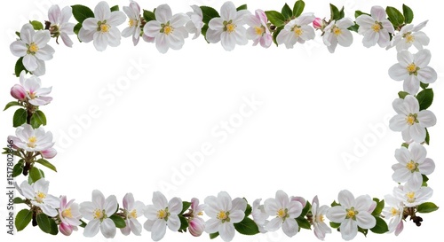 Floral frame of apple blossoms with white petals and delicate pink buds