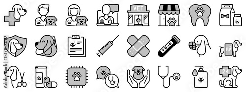 Icons in two tones about dogs and vet. Pets.