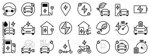 Icons in two tones about electric vehicles. Sustainable development