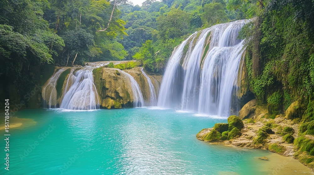 Obraz premium Twin waterfalls flow into a turquoise pool, surrounded by lush rainforest. Nature's serene beauty in a tropical paradise.