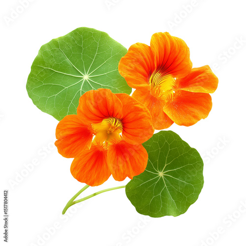 Orange nasturtium flowers with green leaves