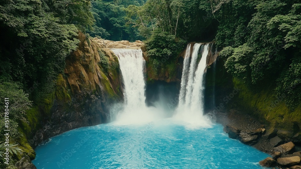 Fototapeta premium Twin waterfalls flow into a turquoise pool, surrounded by lush rainforest. Nature's serene beauty in a tropical paradise.