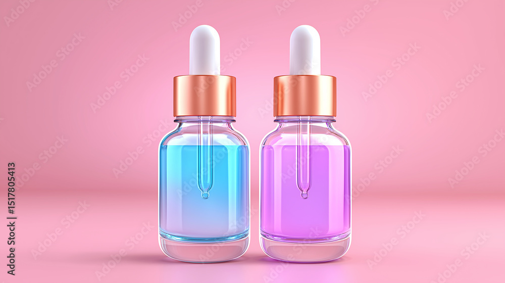 A duo of sleek, translucent glass dropper bottles, aqua blue liquid, vibrant lavender purple liquid,white rubber bulb dropper. beauty product,serum,oil ,minimal style.
A duo of sleek, translucent glass dropper bottles, aqua blue liquid, vibrant lavender purple liquid,white rubber bulb dropper. beauty product,serum,oil ,minimal style.