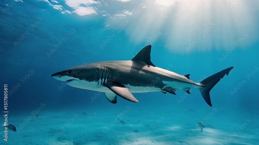 Swimming Great White Shark Underwater with Sun Rays Slow Motion Swimming Great White Shark Underwater with Sun Rays Slow Motion