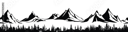 Silhouette mountain range and forest isolated on white background, seamless border, vector design